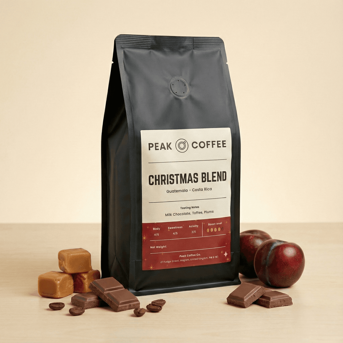 Coffee bag front view showing label and branding