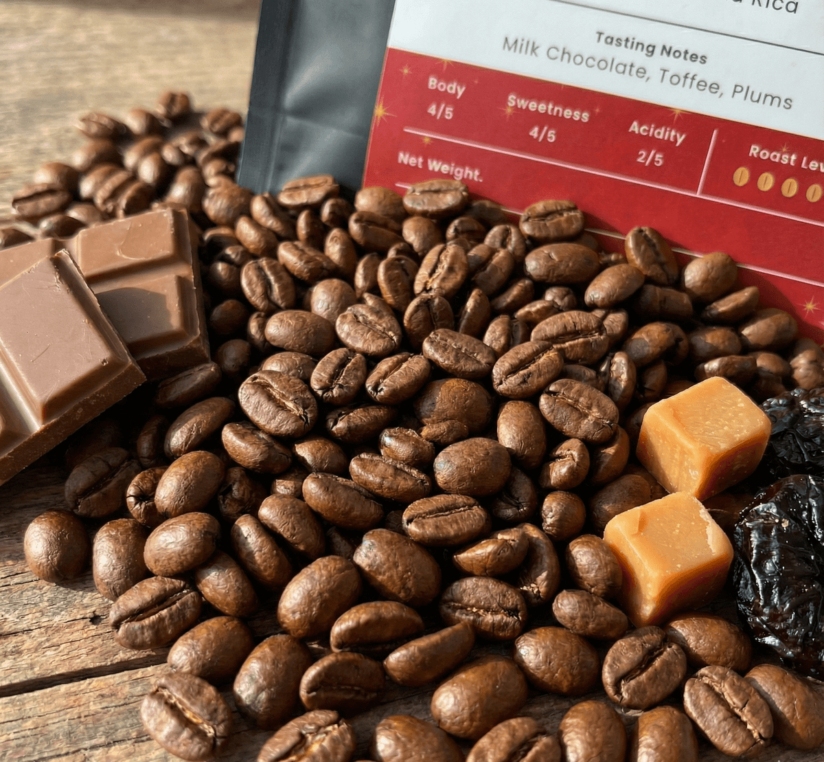 Coffee bag front view showing label and branding