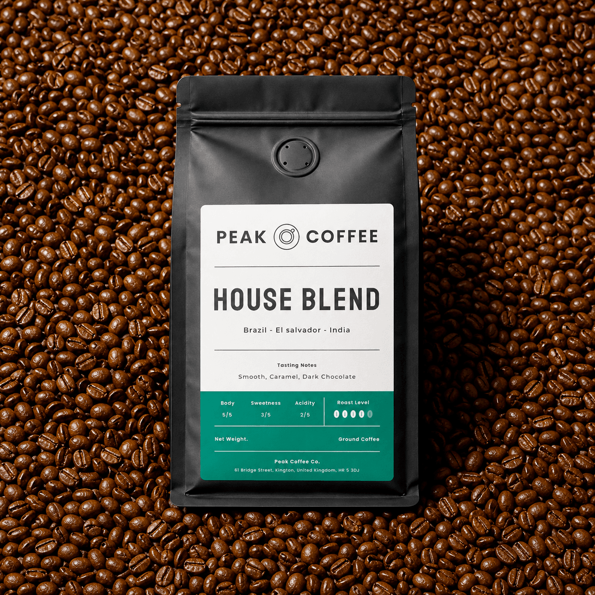 Peak Coffee House Blend bag with freshly roasted beans