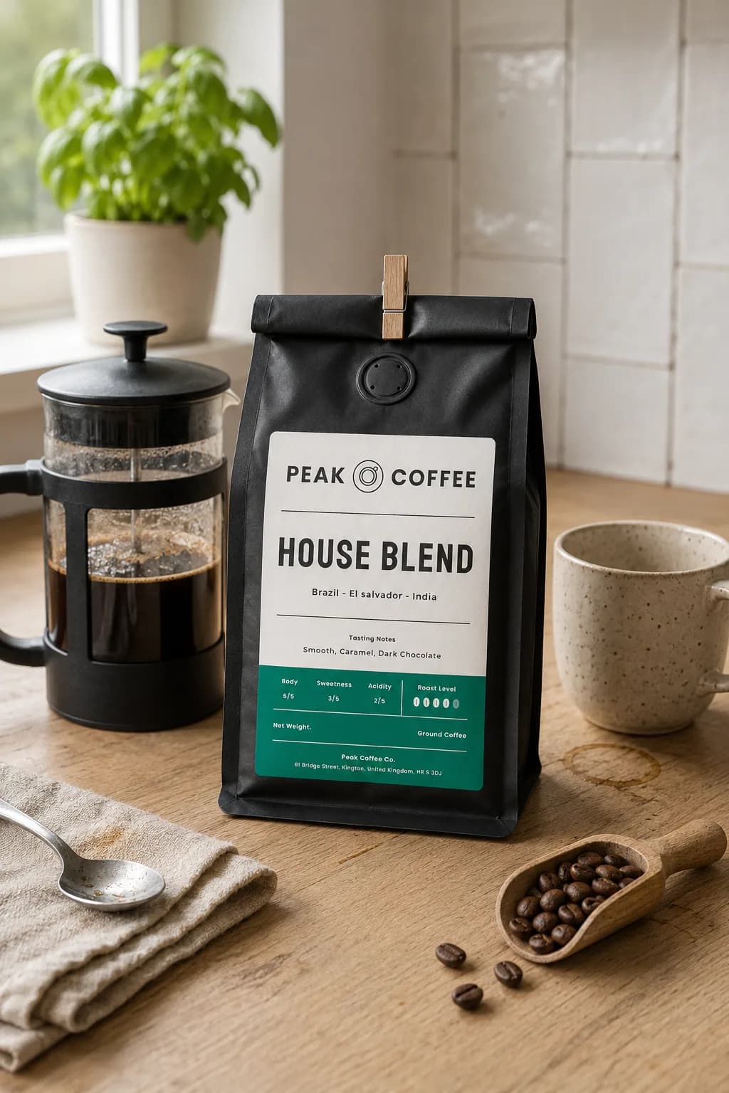 A cafetière of freshly brewed coffee, a stoneware mug and an open bag of Peak coffee on a kitchen worktop