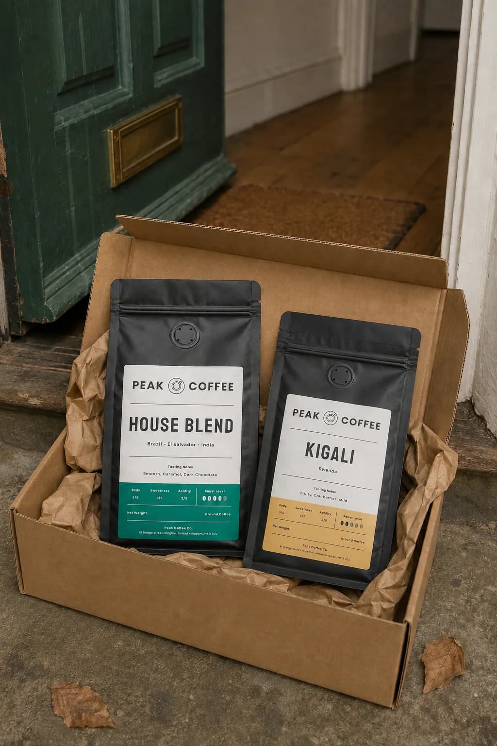 A Peak Coffee subscription box opened on a front doorstep, two bags of freshly roasted coffee inside