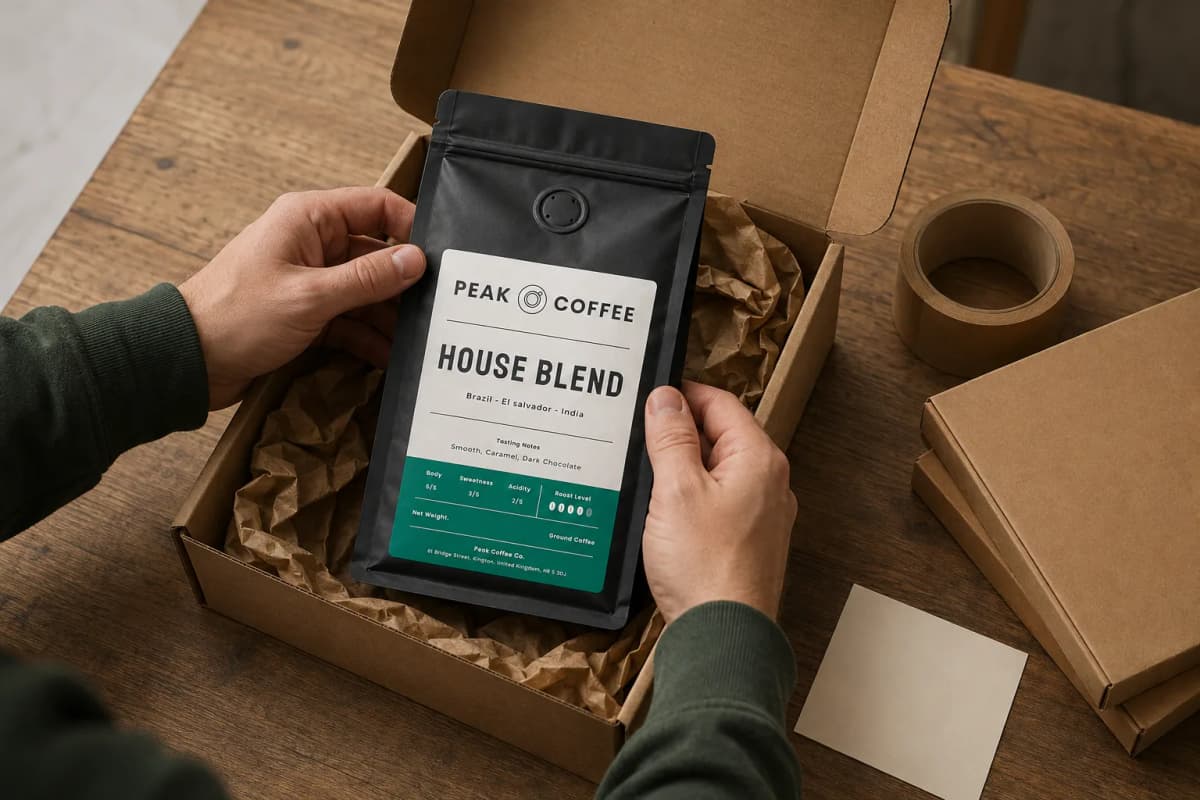 A Peak Coffee order being packed into a kraft box