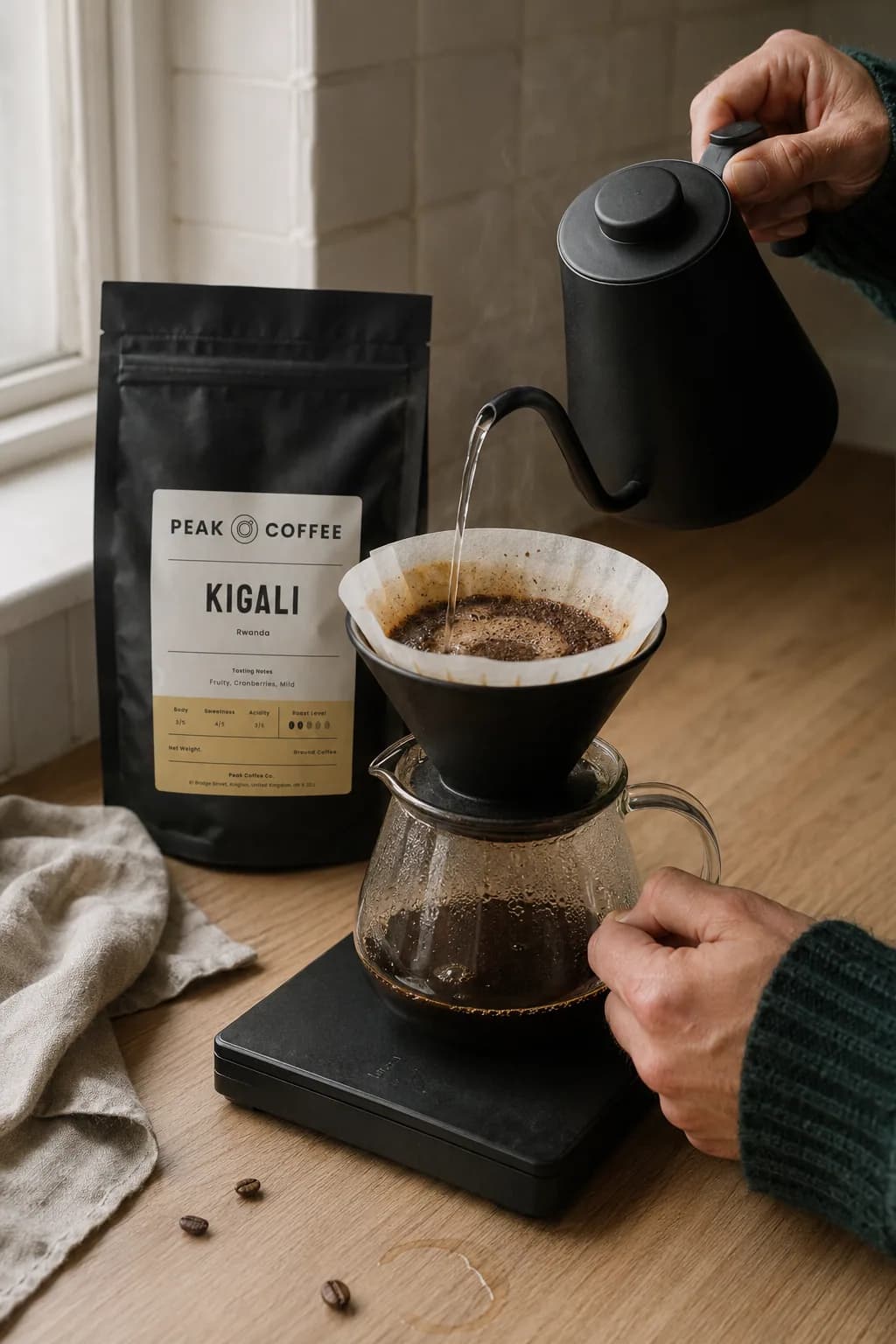 Pouring a filter coffee next to a bag of Peak Kigali single origin