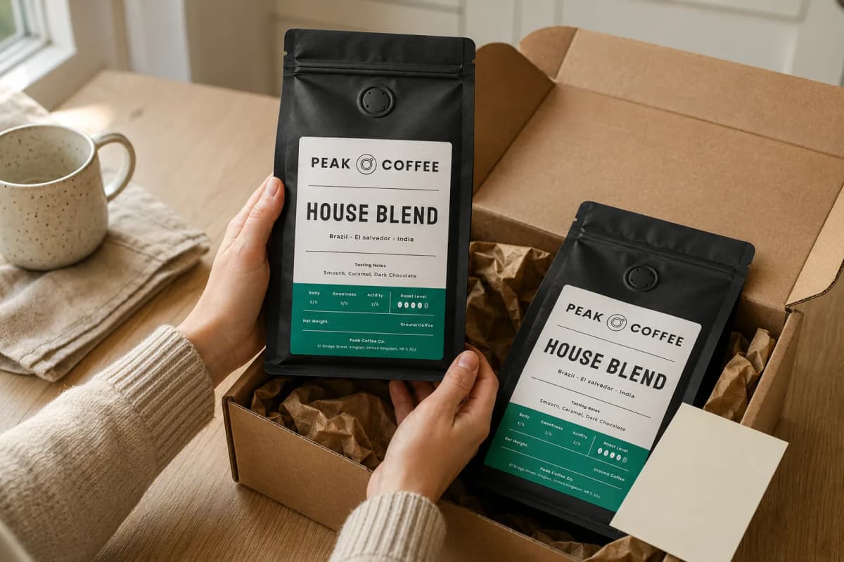 Opening a Peak Coffee delivery: two bags of freshly roasted coffee in a kraft box